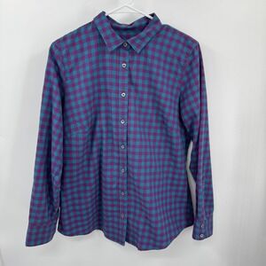 Orvis Women Flannel Shirt M Teal Purple Buffalo Check Plaid Outdoor Layer Casual